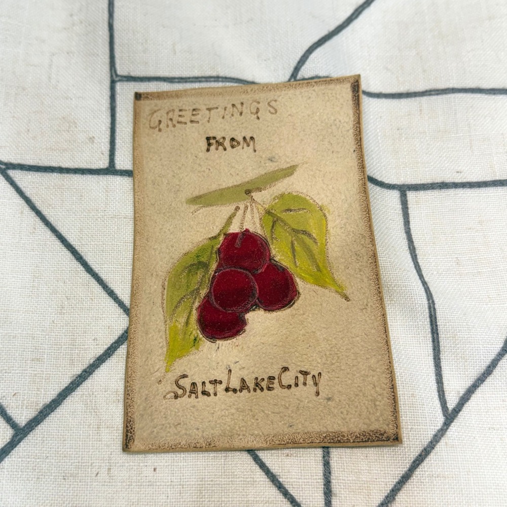 Unbranded Leather Postcard OS Tan Greetings From Salt Lake City Cherry Vintage